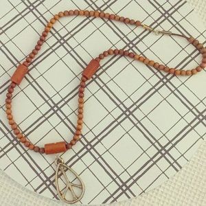 Vintage Wood Beaded Necklace w/ Silver Peace Sign